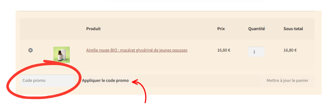 Panier Le cueilleur : saisir le code dans le champ Code promo, puis cliquer sur Appliquer le code promo